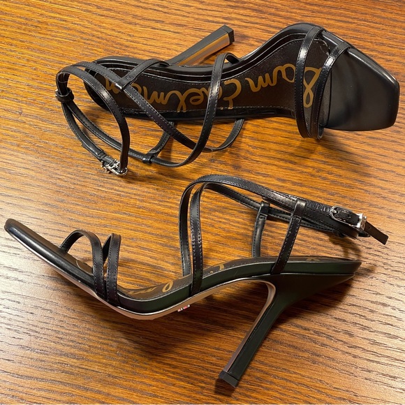 NWT | Sam Edelman Leanne Black Leather Ankle Strap Sandal Stiletto Heel - Picture 13 of 16
